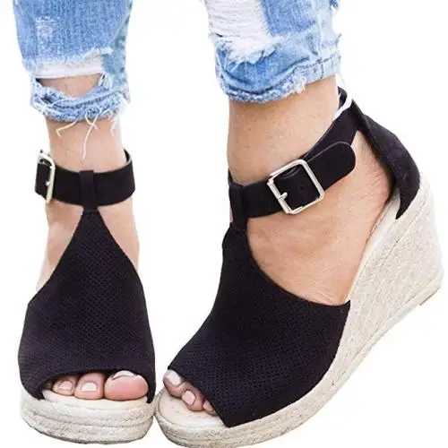 

2019 arrival PU Leather heighten & Flange black sandals Plus Size for Women anti-skidding & breathable 337969