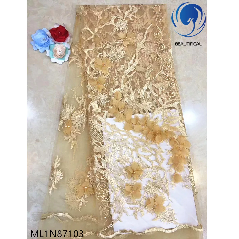 

Beautifical embroidered mesh dressing 3D bridal dressing gold beads wedding tulle ML1N871, Can be customized