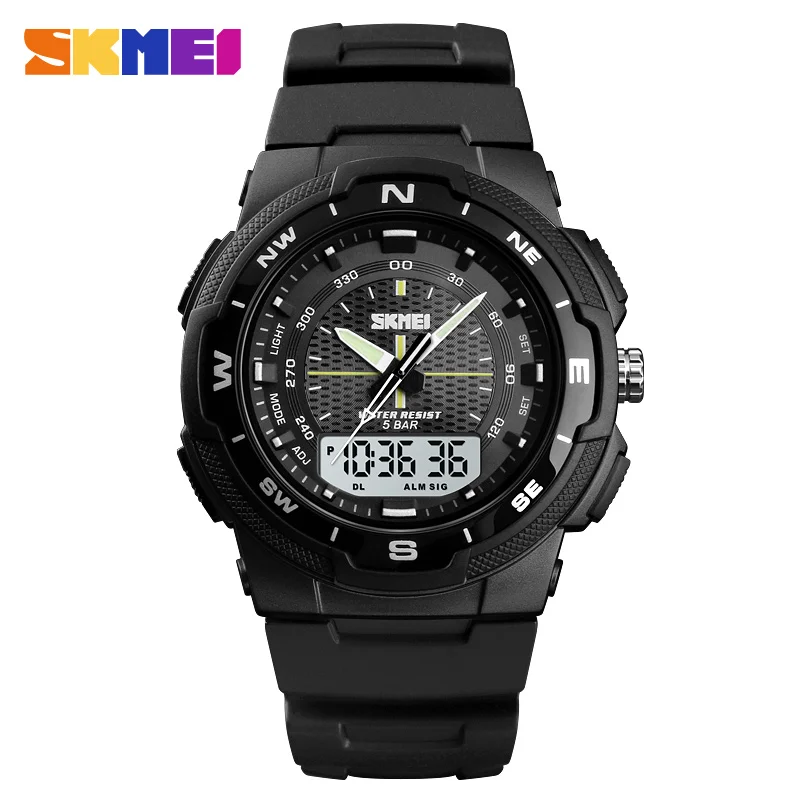 

SKMEI 1454 Dual Display Analog Led 12/24 Hour Clock 50m Waterproof Outdoor Sports Watches Digital Electronic Quartz Men Watches