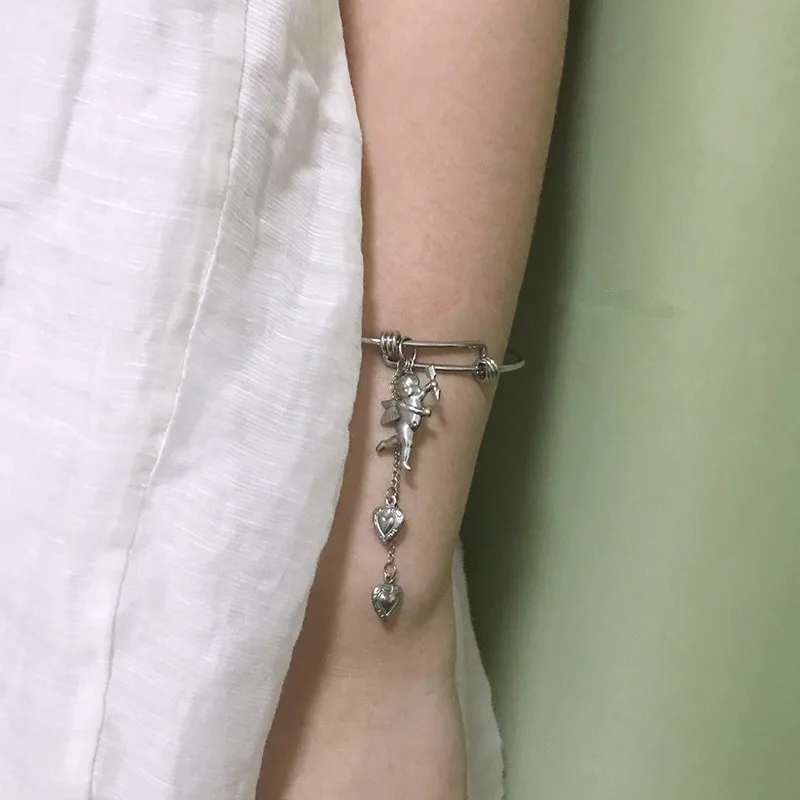 

non tarnish heart shape cupid silver metal bangle bracelet cuff stainless steel adjustable bracelet female women gift, As photo