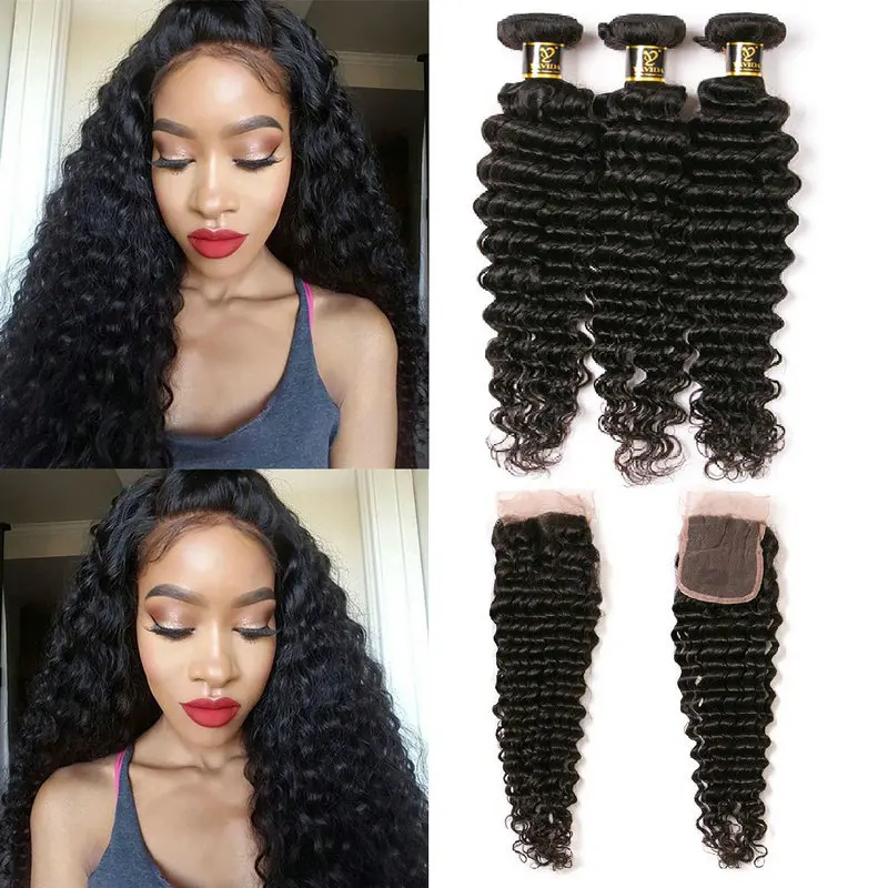 

Cheap Hot Sale Deep Wave Peruvian 3 Hair Bundles With Lace Closure