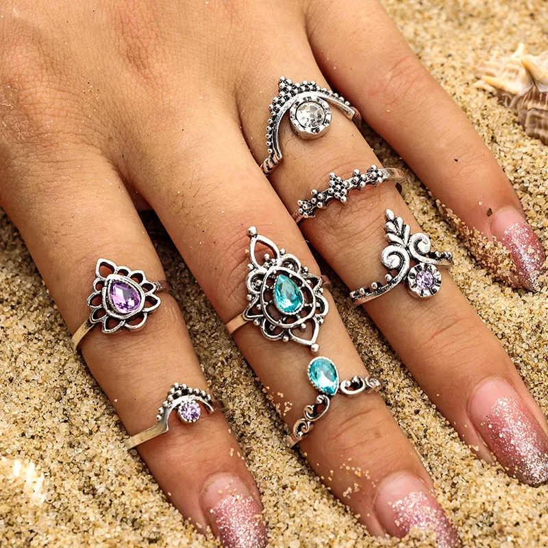 

7 pcs/set Antique Silver Color Knuckle Rings Rhinestone Hollow Flower Midi Finger Ring Sets For Women Bohemian Jewelry (KR069), Antique gold,antique silver