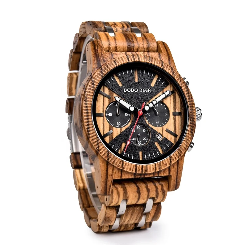 

DODO DEER Drop Shipping New style handcraft hombre wrist zebrawood watch OEM auto week date display with logo customized