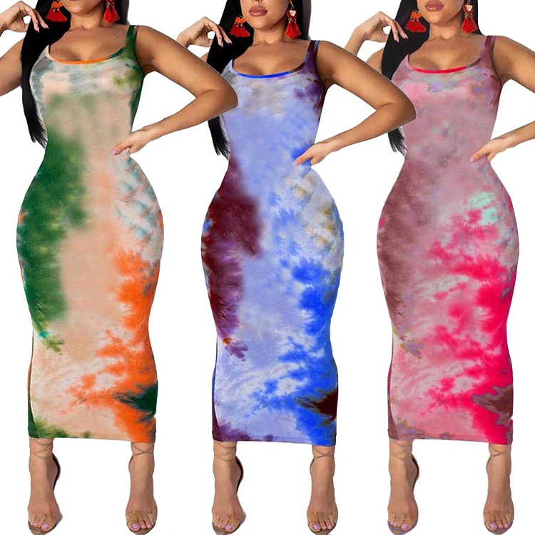 

Trendy Tie Dyeing Printed Sleeveless Vest Long Maxi Bodycon Dress Women Sexy Dress