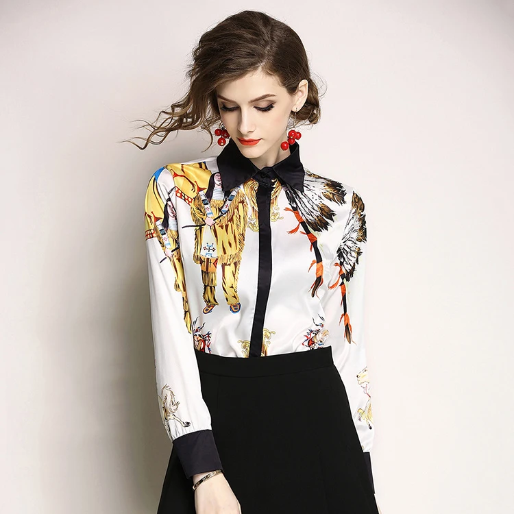 2019 summer in stock latest fashion nice designs slim turn-down collar long sleeve tops casual ladies floral printed blouse