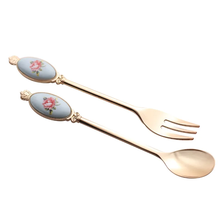Ceramic Creative Stainless Steel Coffee Spoon metal Dessert Spoon Cutlery Fruit Fork Set