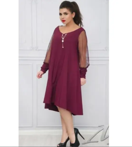 

F20344A New fashion elegant plus size dress v neck long sleeve ruffles skirts plus size women dress for lady, Black, green, rose red