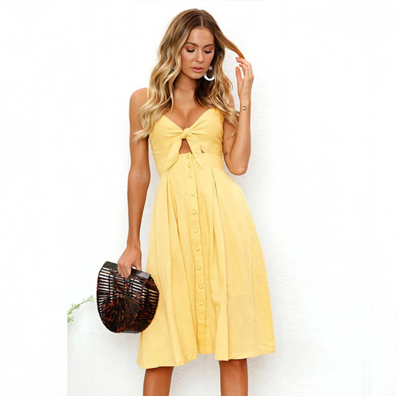 

Womens Dresses Summer Tie Front V-Neck Spaghetti Strap Button Down Midi Dress