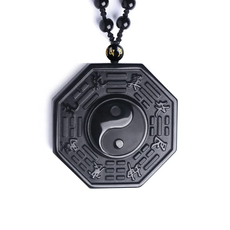

Natural Obsidian Bagua five elements amulet peace buckle pendant necklace