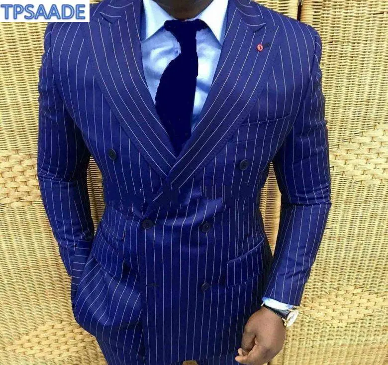 

Stylish Design Groom Tuxedos Double Breasted Blue Stripe Peak Lapel Groomsmen Best Man Suit Mens Wedding Suits Jacket Pants Tie, Royal blue