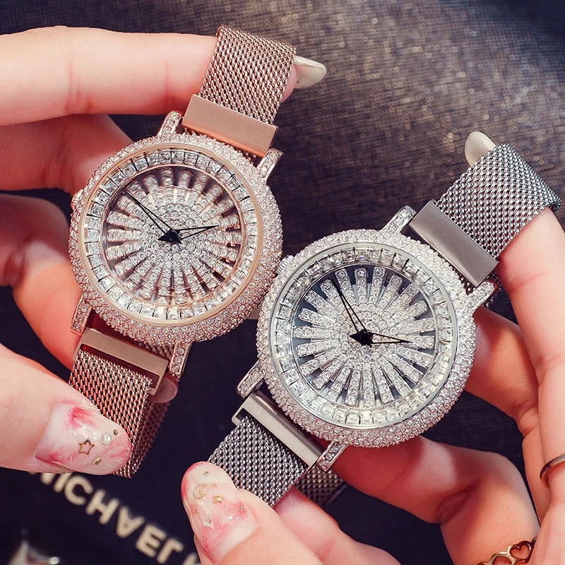 

2019 Fashion Magnet Mesh Belt Watches Luxury Full Of Stars And Diamonds Women Watch, Red;gold;rose gold