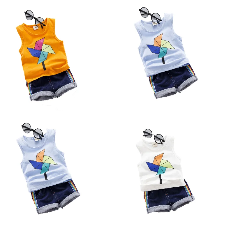 

children clothes windmill pattern white light blue orange sleeveless vest denim shorts, As pic shows, we can according to your request also