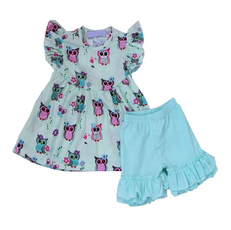 

Sleeveless tunic tops matching latest design ruffle shorts girls outfit for lovely owl print fabric clothes sets, Picture