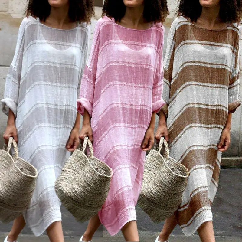 

Womens Long Sleeve Casual Boho Kaftan Tunic Linen Maxi Dress, N/a