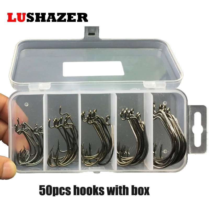 

50pcs/lot sea Fishing box LUSHAZER offset hook  carp snap fishing big hooks, Black