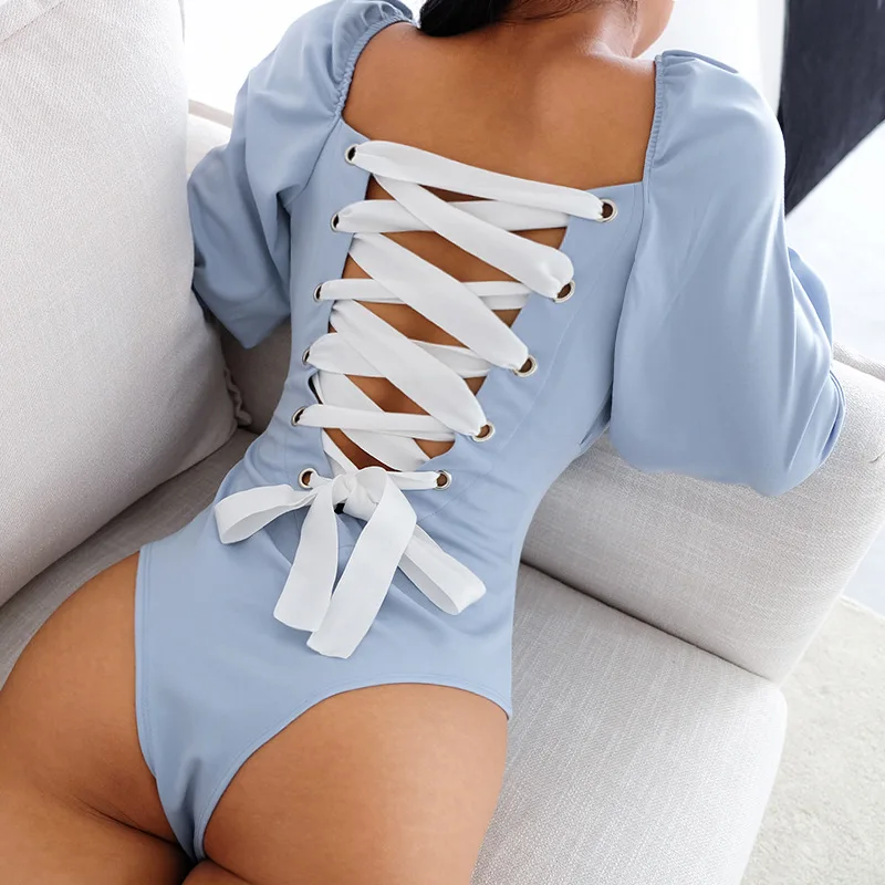 Sexy Backless Panelled Lace Up Square Collar Lolita Style baby Bodysuits Women Long Flare Sleeve Open Crotch Bodysuit Y11477