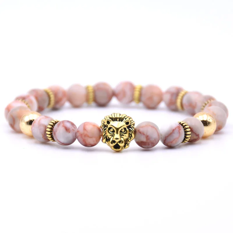 

Vintage Alloy Lion Head Mens Bracelets Bangles 8mm Natural Stone Beads Bracelet For Men Women Handmade Jewelry (SK269), As picture