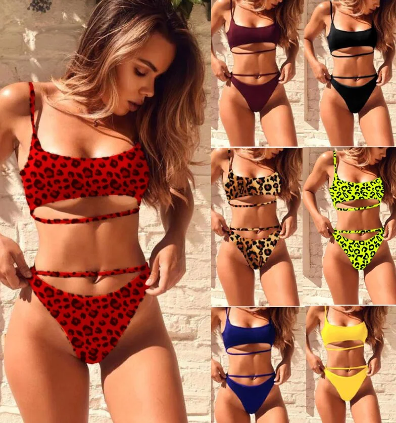 

Women' Sexy Scoop Neck Cutout Strappy High Waist Thong 2PCS Bikini Sets Swimsuit Leopard Bikini, As shown or customized