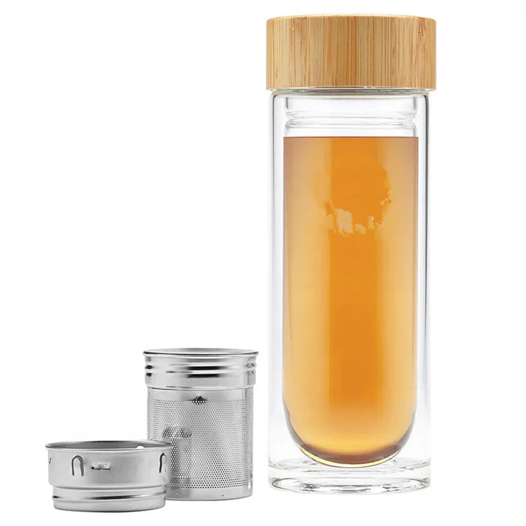 

500ml Bamboo Lid Double Wall Thermos Glass Tea Bottle with Stainless Steel Long Infuser