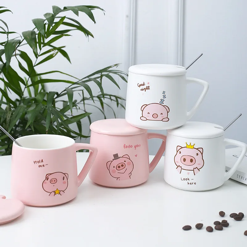 

A grade safe cute cartoon ceramic coffee mug with spoon and wooden lid for children