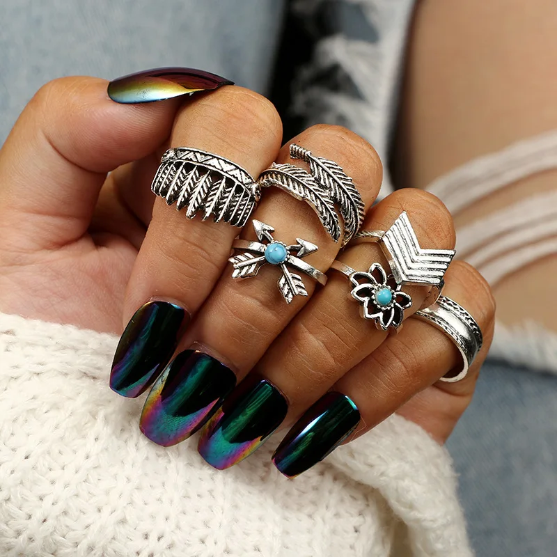 

6 Pcs/set Indian Feather Leaves Arrow Retro Turquoise Rings Set for Women Hollow Lotus Knuckle Midi Rings (KR052), Antique gold,antique silver