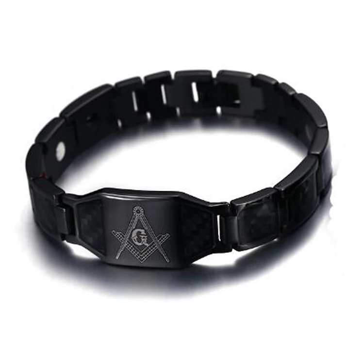 

Wholesale Titanium Carbon Fiber Masonic Symbol Magnetic Bracelet, Black