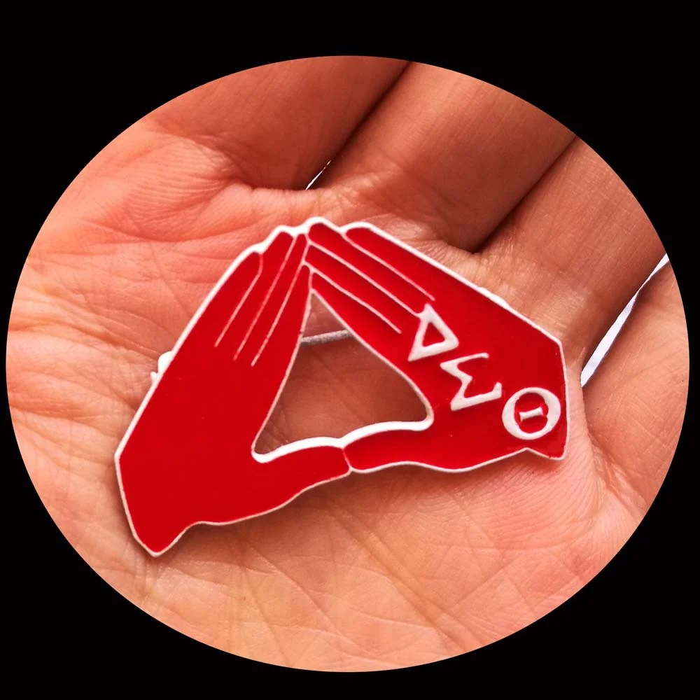 

Greek Fraternity Red AEO DST Pearl Brooch Lapel Pin Jewelry Accessories Sorority Hand Sign Brooch