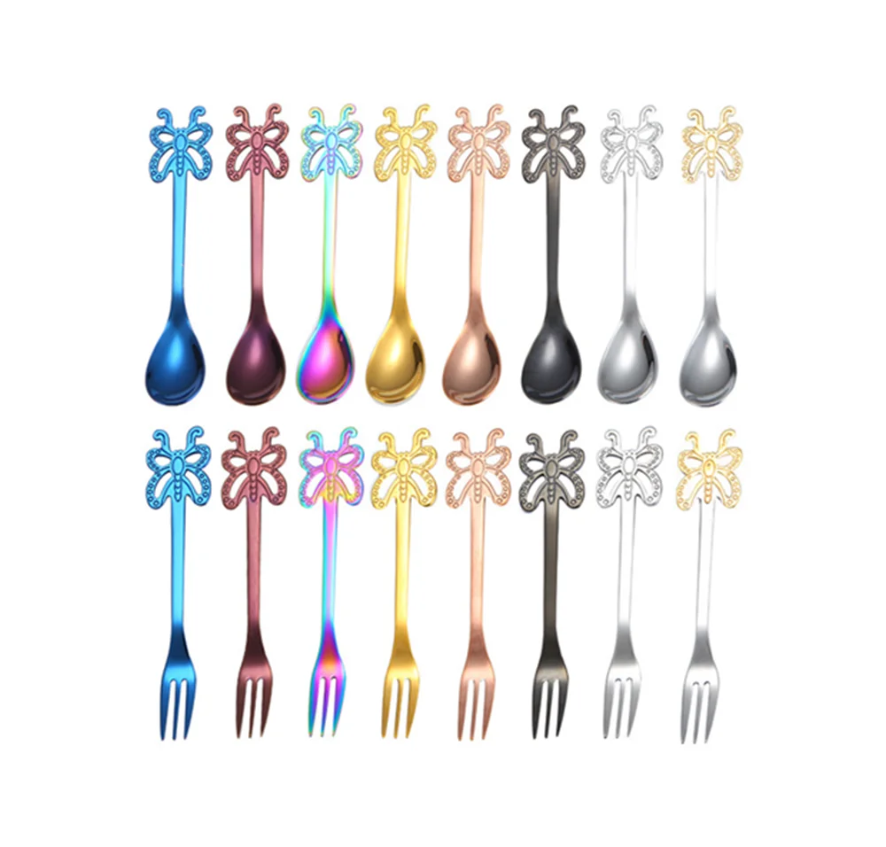 

Stainless Steel metal engraved logo Butterfly Coffee Desert Hanging Spoons and fruit fork