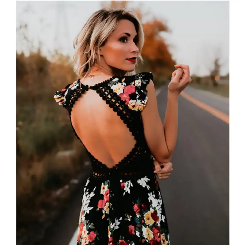 

Women Boho Backless Irregular Floral Printed Dress 2019 Summer Deep V Trim Long Lace Maxi Dresses Open Back Party Vestidos, Black , white