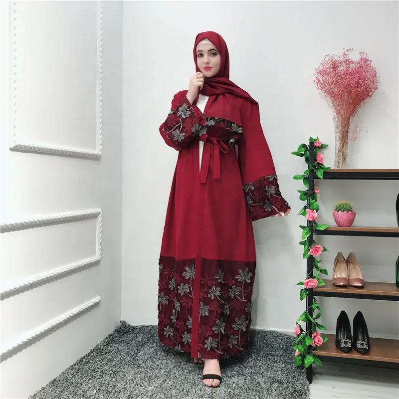 

Latest design muslim maxi dress fashion dubai abaya embroidery flower decoration islamic clothes, Navy, wine red