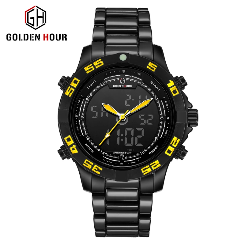 

Hot Model Chinese Watch Movement LED Display Multi Time Dial Light Moon Phase Analog Digital Men Wristwatches GOLDENHOUR GH112, 3 colors