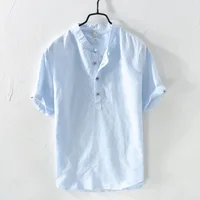 

wholesale men's pure color short sleeve pullover cotton linen shirts