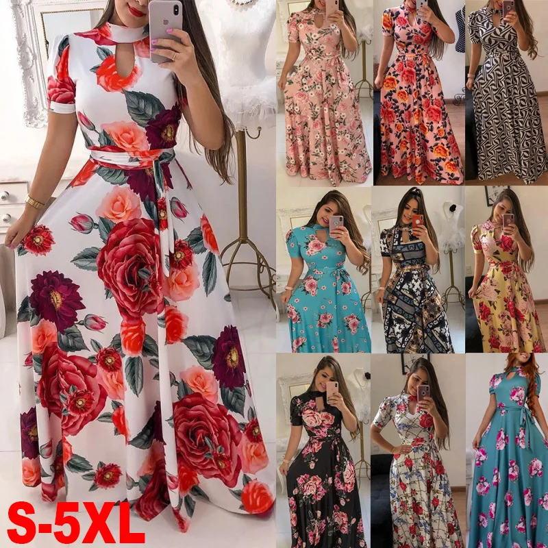 

Women's Floral Printed Maxi Dress Short Sleeve Casual Swing Long Maxi Dress with Belt S-XXXXXL, As shown