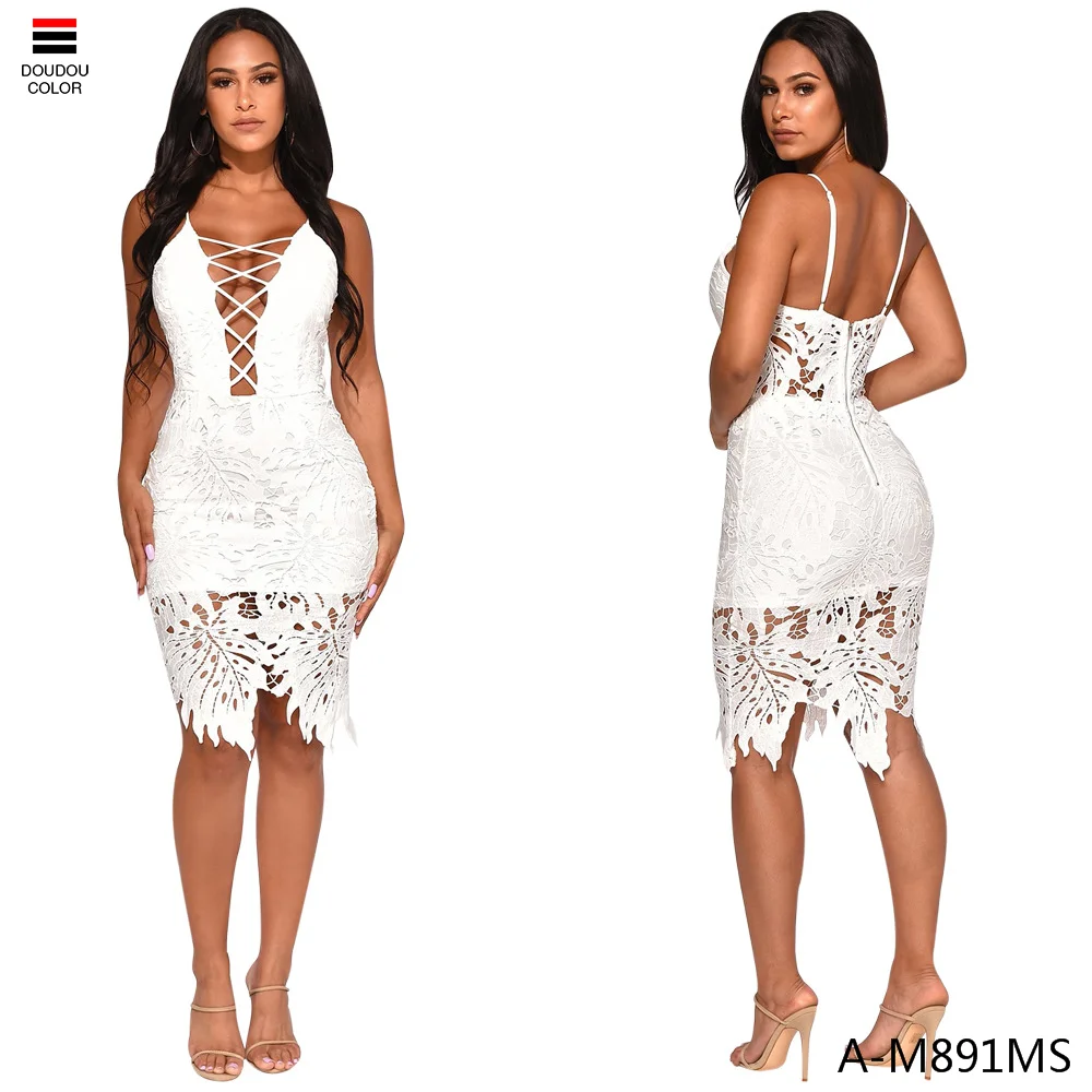 

Fashion Sexy White Lace Criss-Cross Sleeveless Quality Dresses For Women A-M891MS