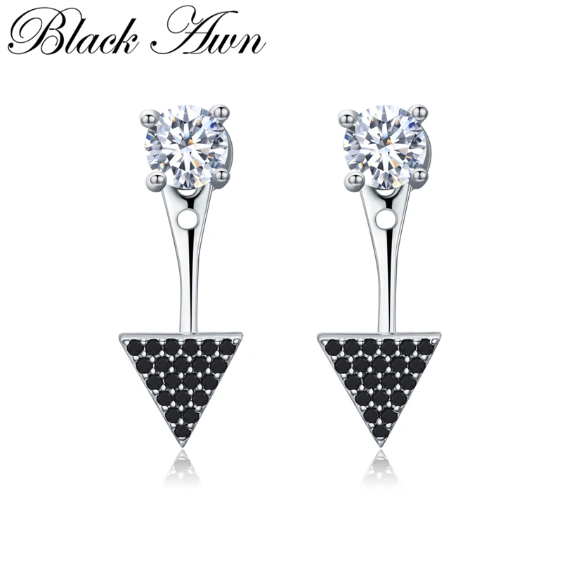 

[BLACK AWN] Genuine 925 Sterling Silver Jewelry Wedding Black Spinel Triangle Stud Earrings for Women Female Earrings I028