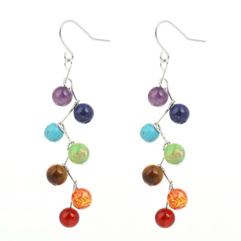 

6mm Tiger Stone Green Healing Stone Drop Earrings Yoga Rainbow 7 Chakra Reiki Natural Stone Earrings, N/a