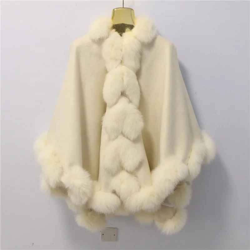 

New Arrival spring autumn wholesale Women Adult Fox Fur Trim Cashmere Shawl