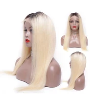 

Top Quality Blonde Human Hair Lace Front Wig Ombre Colo Blonde#613 With Black Dark Root, 100% Virgin Hair Human Hair Wigs