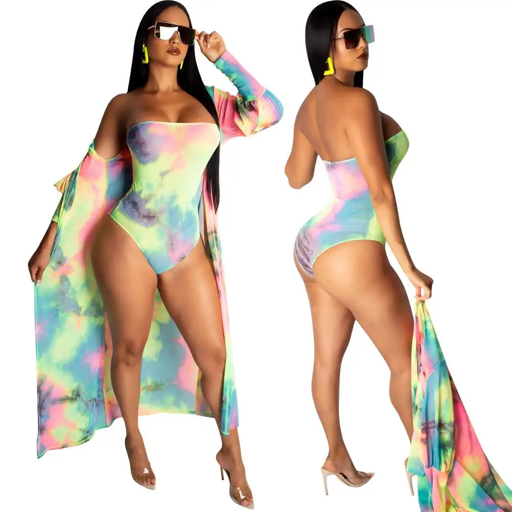 

Tie Dye Print Swimwear Beach Strapless Women Bodysuit Swimsuit 3pcs Swimwear