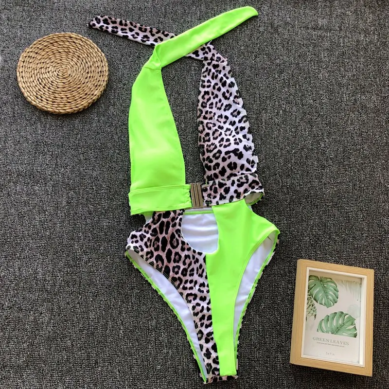 

2019 Leopard Print Patchwork Swimwear Cut Out Halter Monokini Women Bathing Suits Bikini One Pieces Swimsuits, Flower