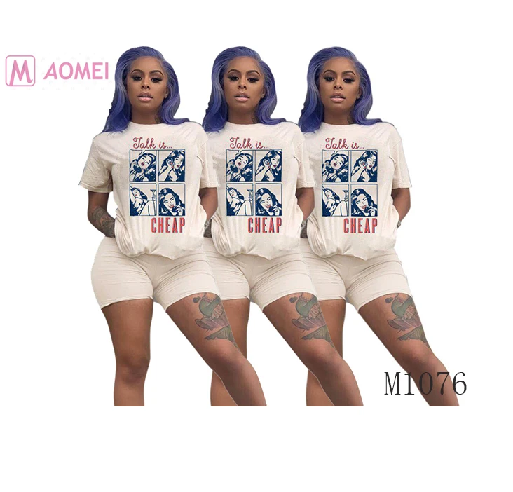 M1076 2019 New casual comic print t shirt two-piece set women