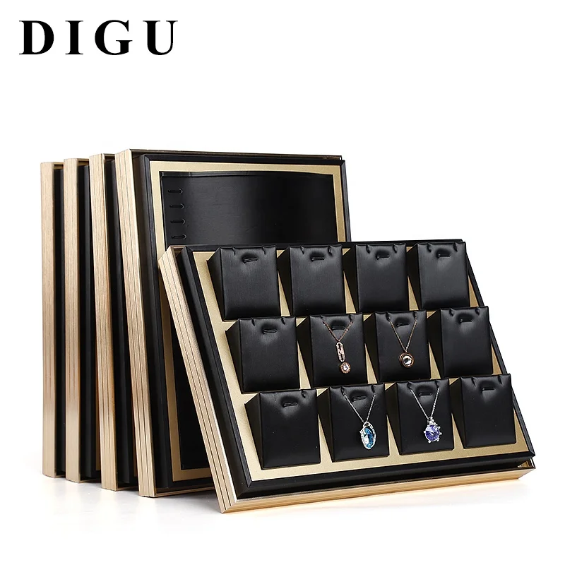 

DIGU Can active champagne metal edge black PU leather bangle pendant earrings jewellery display tray, Gold+white