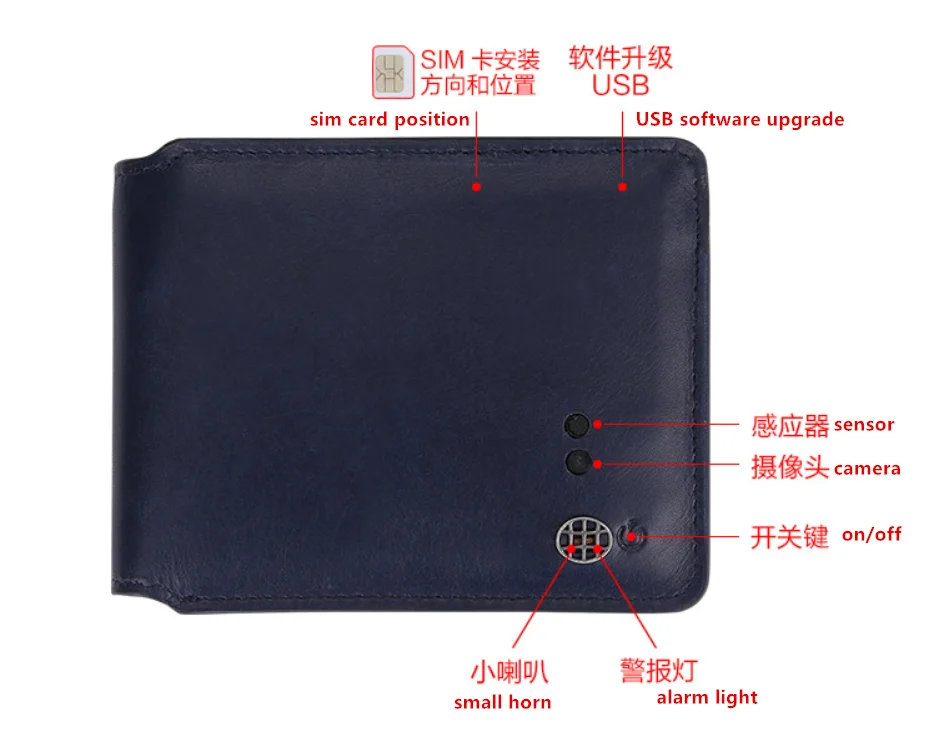 

Hot selling anti-theft alarm power bank charging leather man smart wallet gps, Black/blue