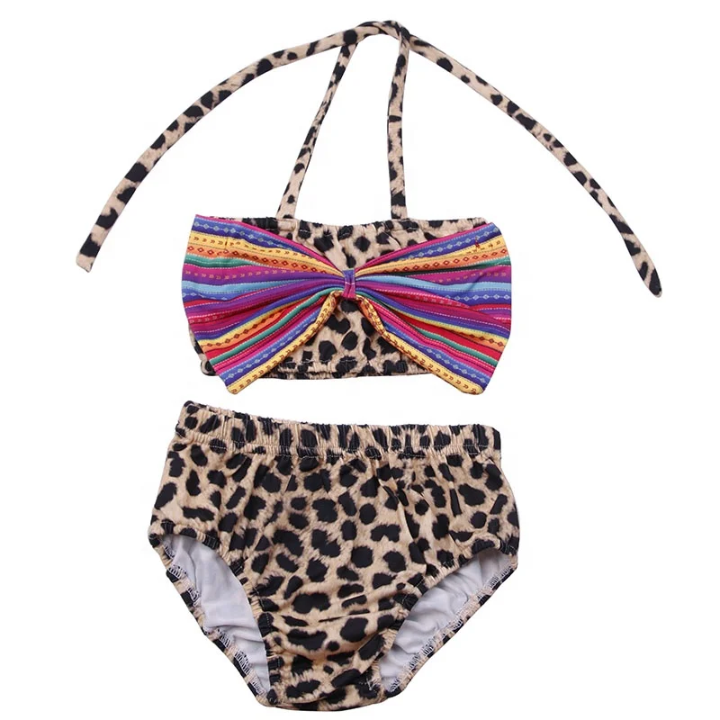 

2019 2 Pieces comfortable Parent-child swimsuit beach pants adult children's leopard print stripe bow swimwear, Pic