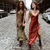 Sexy Satin V Neck Maxi Dress Women Spaghetti Strap Sleeveless Backless Side Split Long Dresses 2019 Spring Lady Dress