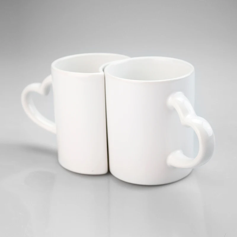 

White Sublimation Grade 3a Bone China Valentine's Heart Handle Couple Mug Custom