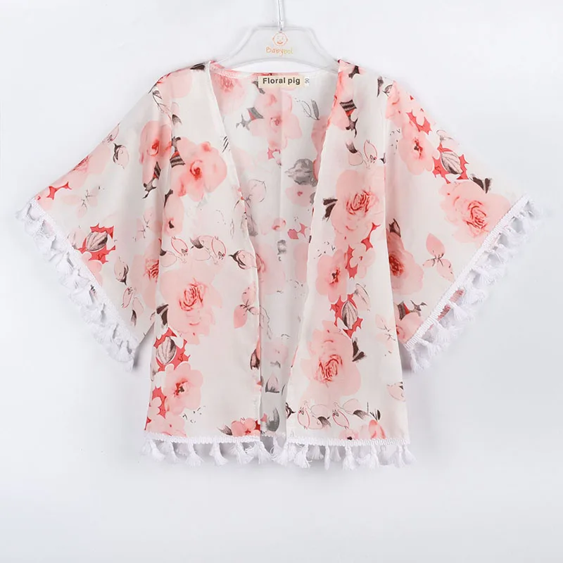 

RTS fashion floral print kids clothes 3/4 sleeve girls top baby kimono
