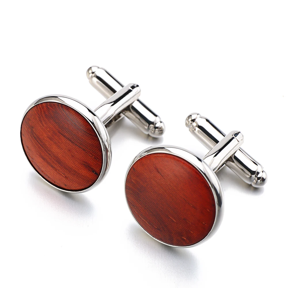 

OB Jewelry-High Quality Round Wooden Cufflinks Tuxedo Silver Color Plated Mens Cuff links Formal Business Wedding Cufflinks