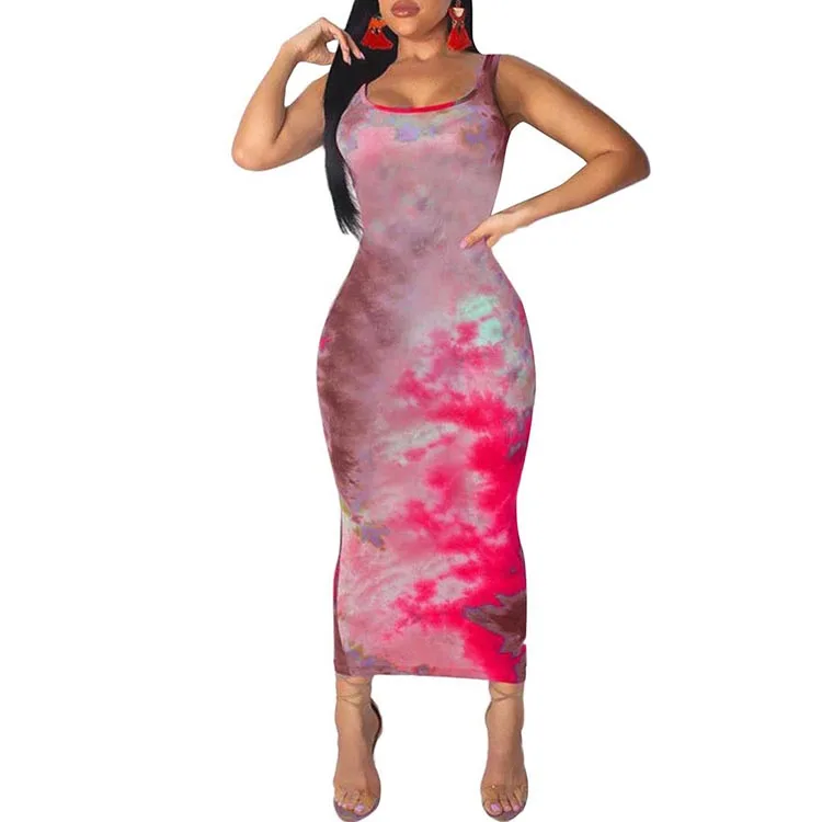 

Lover-Beauty Vintage Print Maxi Sexy Bodycon Dress Round Neck For Women, Red