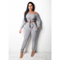 

Fashion Casual Ladies Sports Clothing Knot Grey Long Sleeve Off-shoulder Crop Top Drawstring Pant Suit Two Piece Women Set